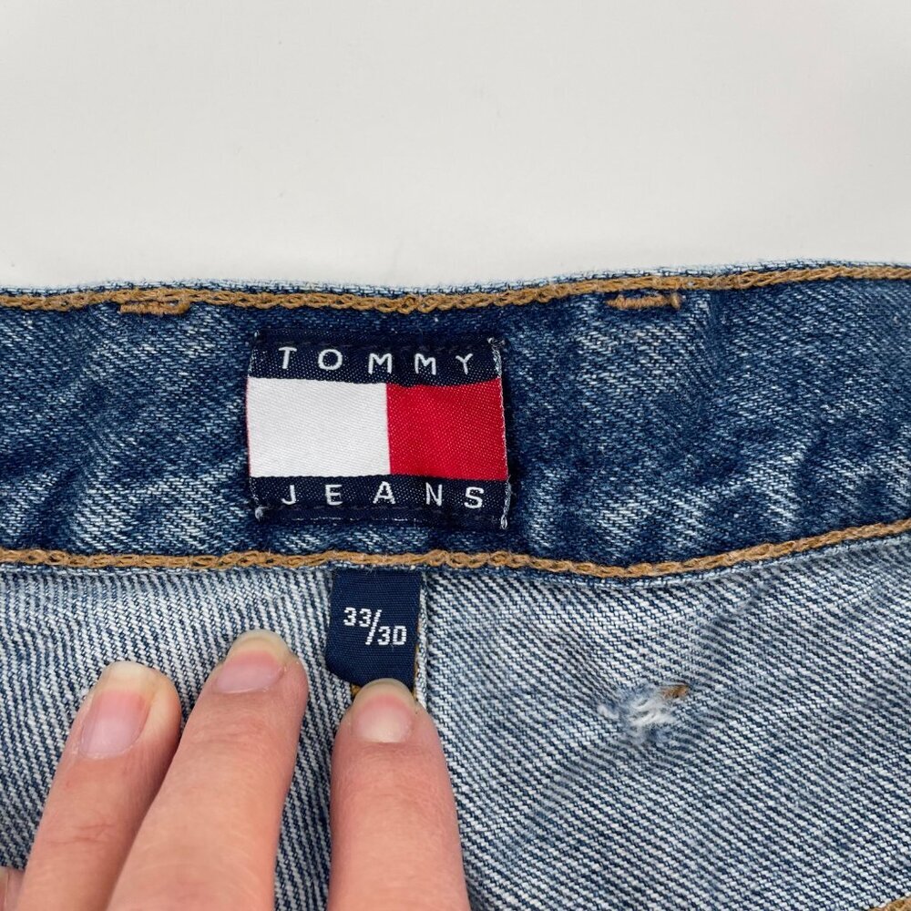 Vintage 90s Tommy Hilfiger Baggy Blue Jeans Mens Size 33 x 30 Streetwear Logo - Picture 5 of 12